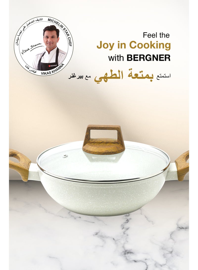 Bergner 24cm (2L) Cast Aluminum Stir-Fry Pan with Glass Lid & Trivet, Marble Non-Stick Coating Deep Frying Pan, Even Heating Kadai, Low Oil Use Healthy Cooking Wok, Induction & Gas Stove Compatible - Image 5